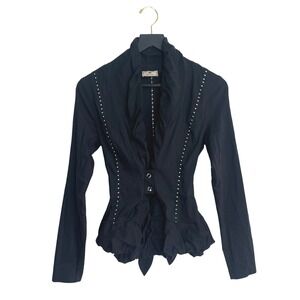 Indies Women Black Ruffle Peplum Jacket Blazer Contrast Stitching Size T2